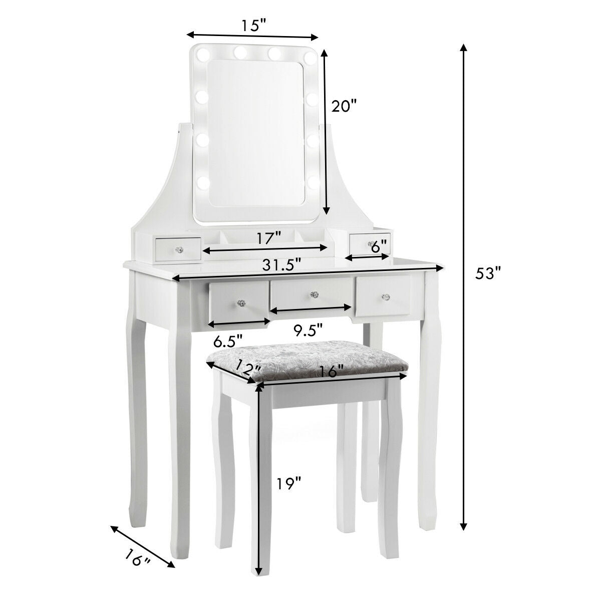Vanity Set with 10 Dimmable LED Lights, Rotating Mirror, Storage Drawers & Stool – White