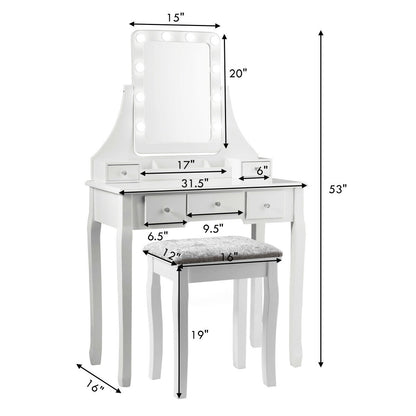 Vanity Set with 10 Dimmable LED Lights, Rotating Mirror, Storage Drawers & Stool – White