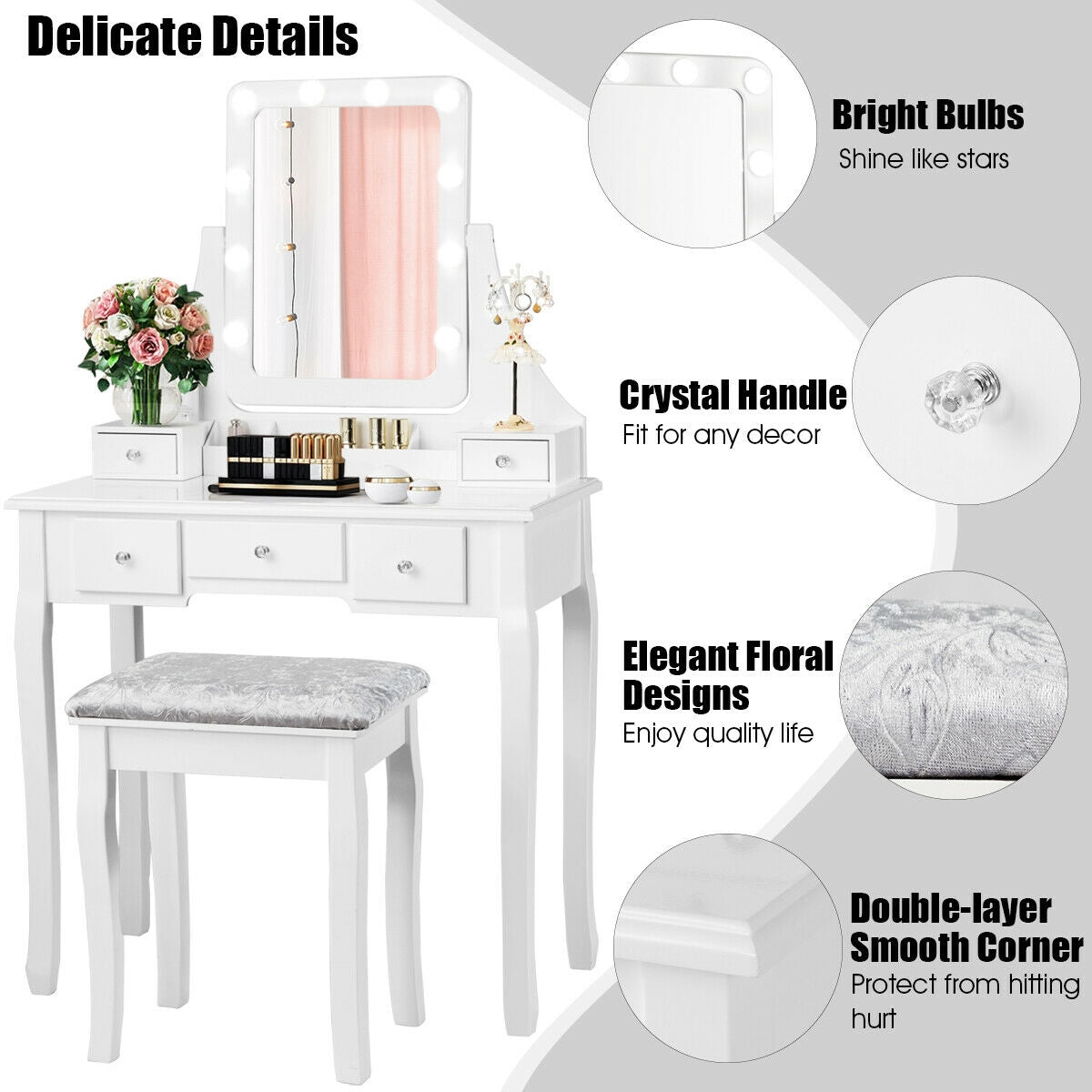 Vanity Set with 10 Dimmable LED Lights, Rotating Mirror, Storage Drawers & Stool – White