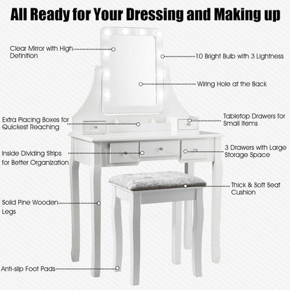 Vanity Set with 10 Dimmable LED Lights, Rotating Mirror, Storage Drawers & Stool – White