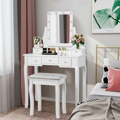Vanity Set with 10 Dimmable LED Lights, Rotating Mirror, Storage Drawers & Stool – White