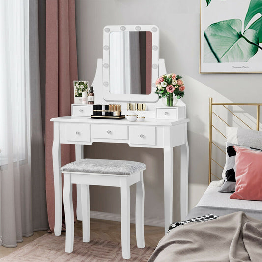 Vanity Set with 10 Dimmable LED Lights, Rotating Mirror, Storage Drawers & Stool – White