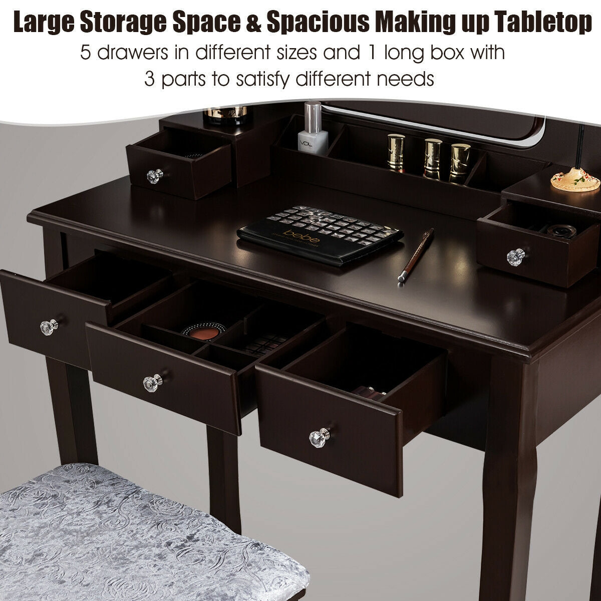 Vanity Set with 10 Dimmable LED Lights, Rotating Mirror, Storage Drawers & Stool – Brown