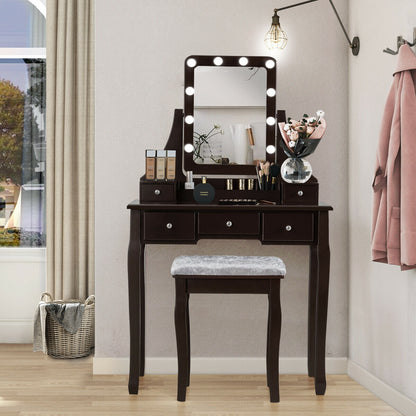 Vanity Set with 10 Dimmable LED Lights, Rotating Mirror, Storage Drawers & Stool – Brown