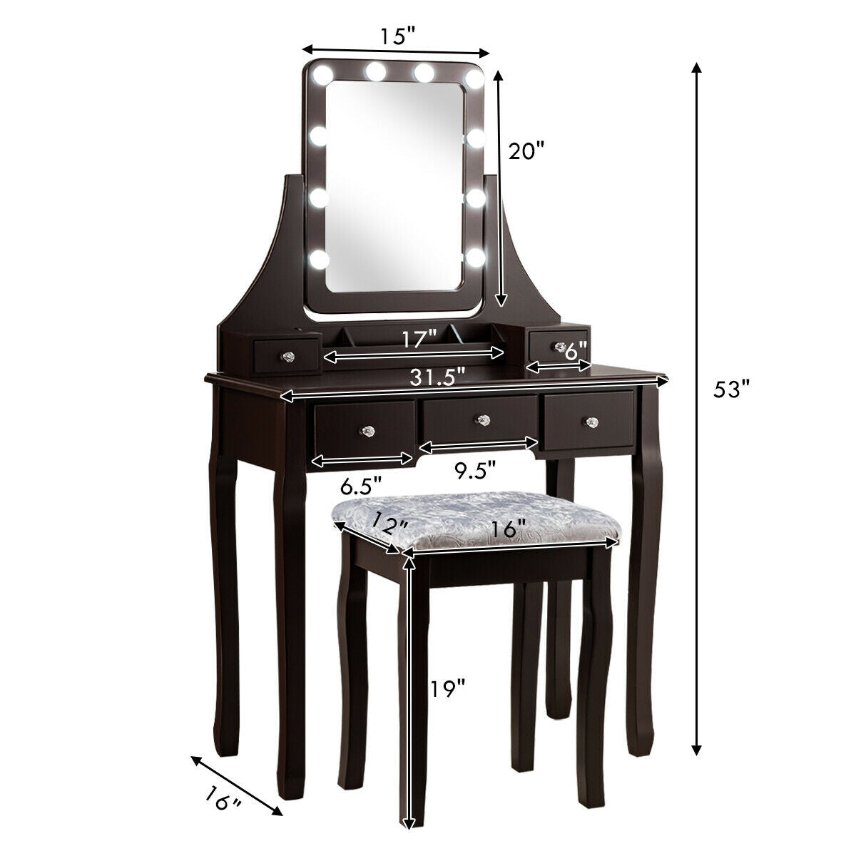 Vanity Set with 10 Dimmable LED Lights, Rotating Mirror, Storage Drawers & Stool – Brown