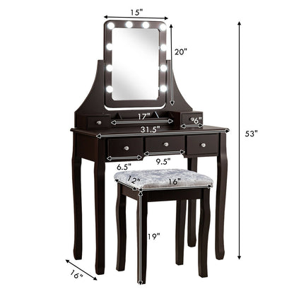 Vanity Set with 10 Dimmable LED Lights, Rotating Mirror, Storage Drawers & Stool – Brown
