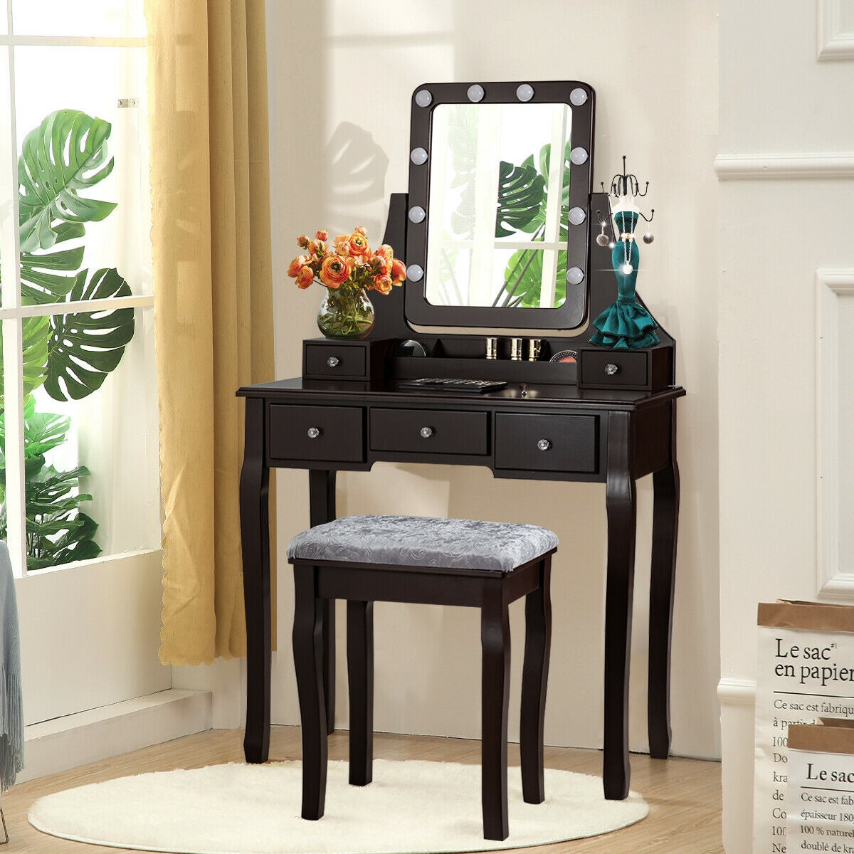 Vanity Set with 10 Dimmable LED Lights, Rotating Mirror, Storage Drawers & Stool – Brown