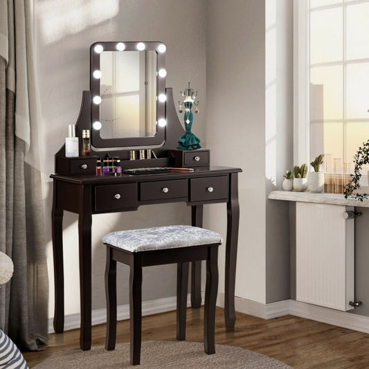 Vanity Set with 10 Dimmable LED Lights, Rotating Mirror, Storage Drawers & Stool – Brown