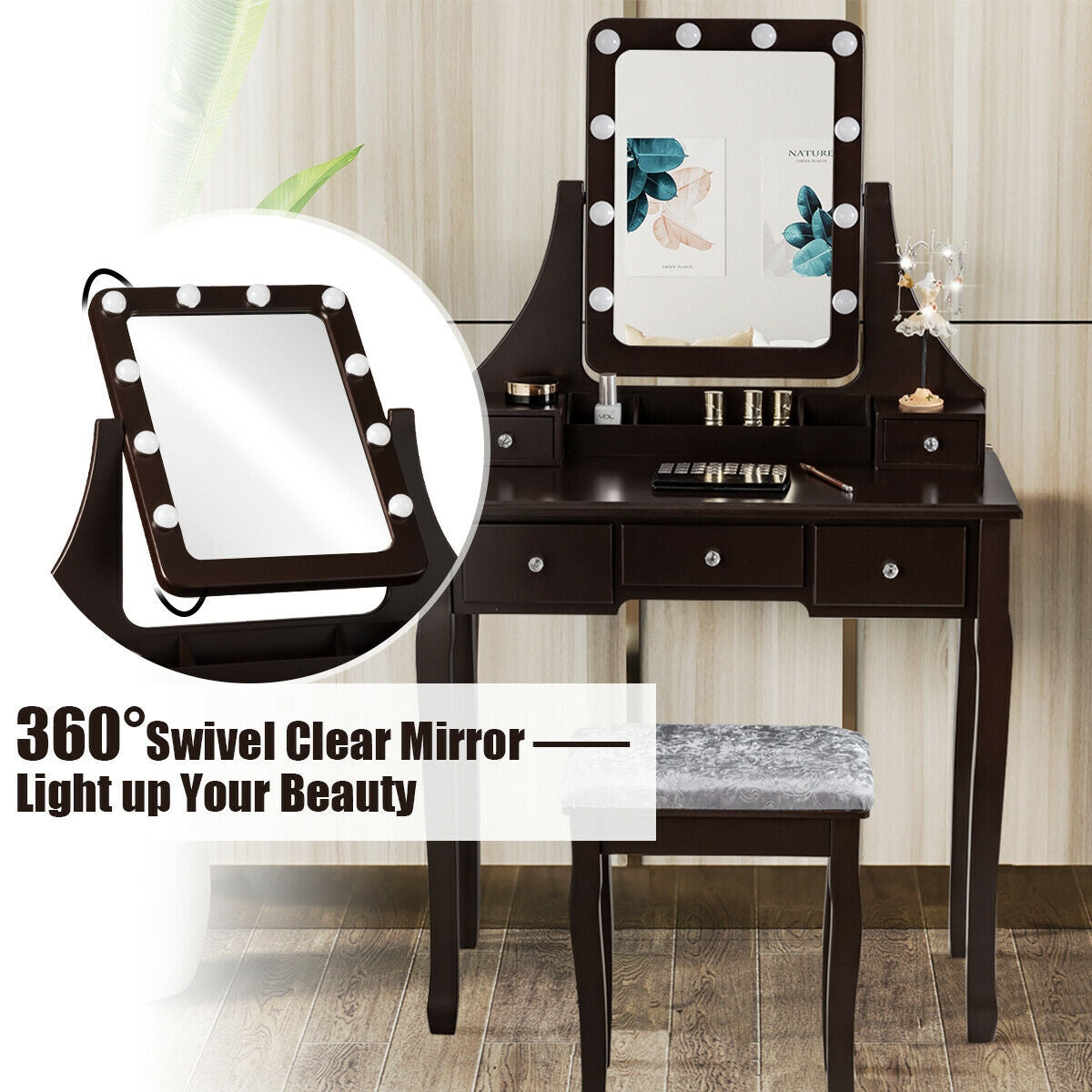 Vanity Set with 10 Dimmable LED Lights, Rotating Mirror, Storage Drawers & Stool – Brown