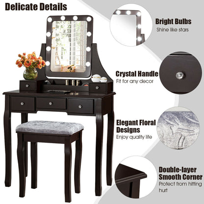Vanity Set with 10 Dimmable LED Lights, Rotating Mirror, Storage Drawers & Stool – Brown