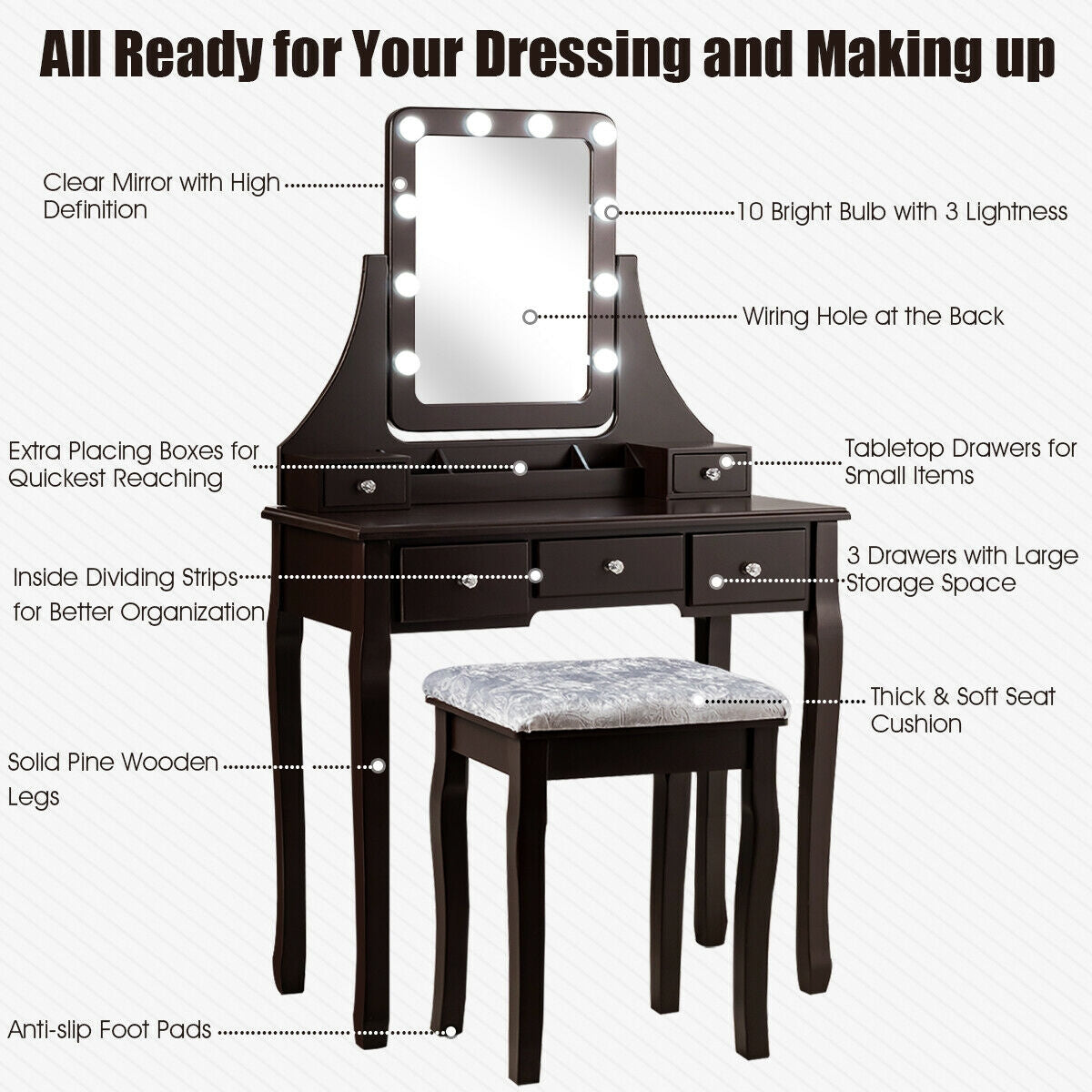 Vanity Set with 10 Dimmable LED Lights, Rotating Mirror, Storage Drawers & Stool – Brown
