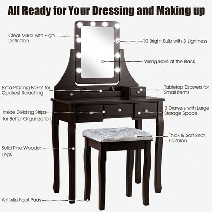 Vanity Set with 10 Dimmable LED Lights, Rotating Mirror, Storage Drawers & Stool – Brown
