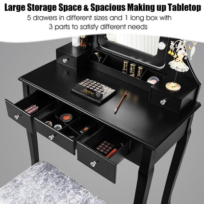 Vanity Set with 10 Dimmable LED Lights, Rotating Mirror, Storage Drawers & Stool – Black