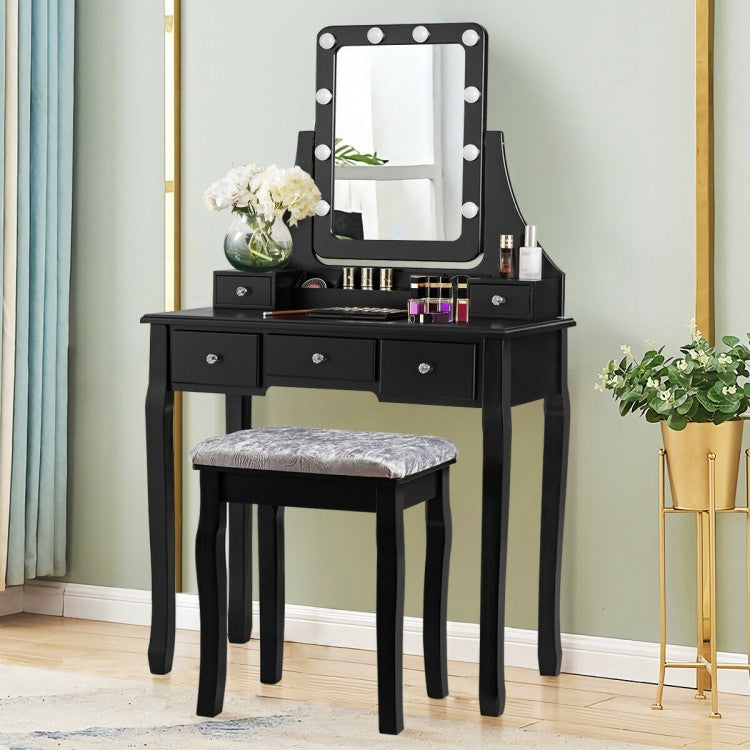 Vanity Set with 10 Dimmable LED Lights, Rotating Mirror, Storage Drawers & Stool – Black