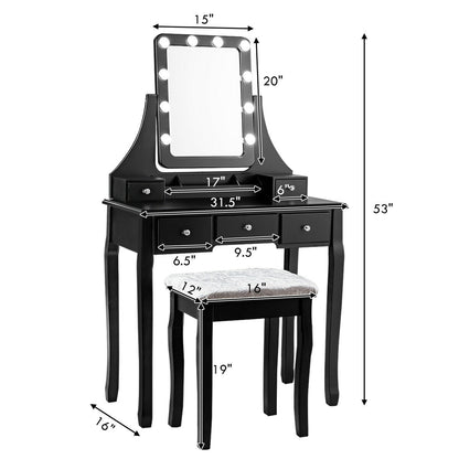 Vanity Set with 10 Dimmable LED Lights, Rotating Mirror, Storage Drawers & Stool – Black