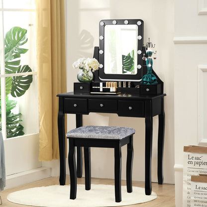 Vanity Set with 10 Dimmable LED Lights, Rotating Mirror, Storage Drawers & Stool – Black