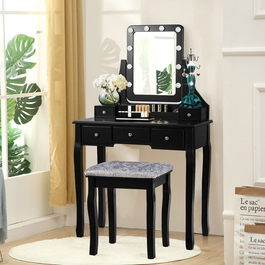 Vanity Set with 10 Dimmable LED Lights, Rotating Mirror, Storage Drawers & Stool – Black