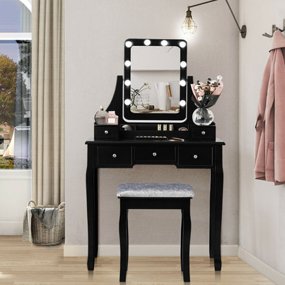Vanity Set with 10 Dimmable LED Lights, Rotating Mirror, Storage Drawers & Stool – Black