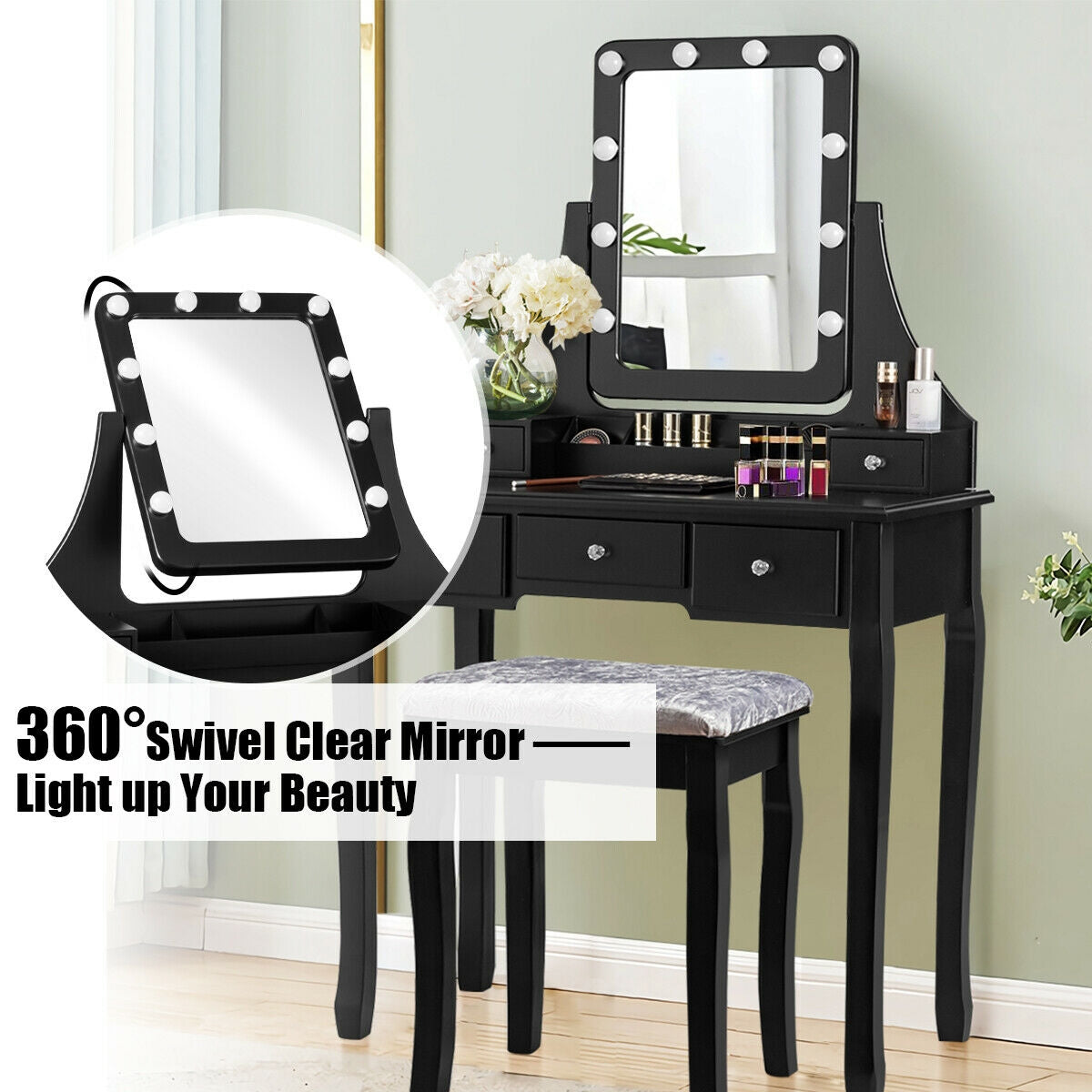 Vanity Set with 10 Dimmable LED Lights, Rotating Mirror, Storage Drawers & Stool – Black
