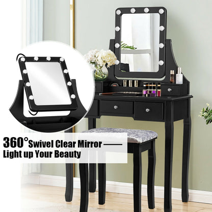 Vanity Set with 10 Dimmable LED Lights, Rotating Mirror, Storage Drawers & Stool – Black