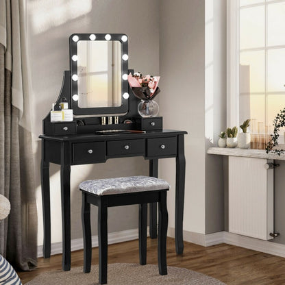 Vanity Set with 10 Dimmable LED Lights, Rotating Mirror, Storage Drawers & Stool – Black