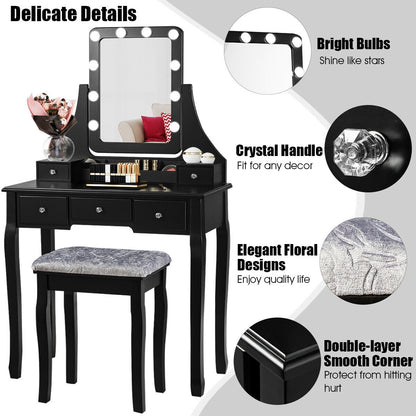 Vanity Set with 10 Dimmable LED Lights, Rotating Mirror, Storage Drawers & Stool – Black