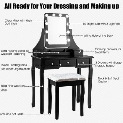 Vanity Set with 10 Dimmable LED Lights, Rotating Mirror, Storage Drawers & Stool – Black