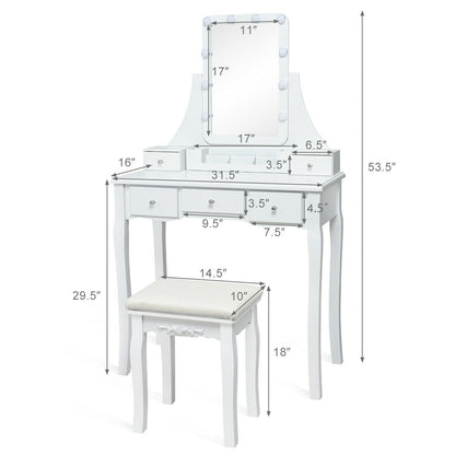 Makeup Vanity with Dimmable LED Lights, Storage Drawers, 360° Mirror and Stool – White