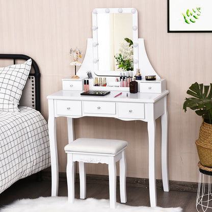 Makeup Vanity with Dimmable LED Lights, Storage Drawers, 360° Mirror and Stool – White