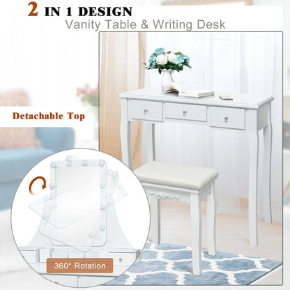 Makeup Vanity with Dimmable LED Lights, Storage Drawers, 360° Mirror and Stool – White