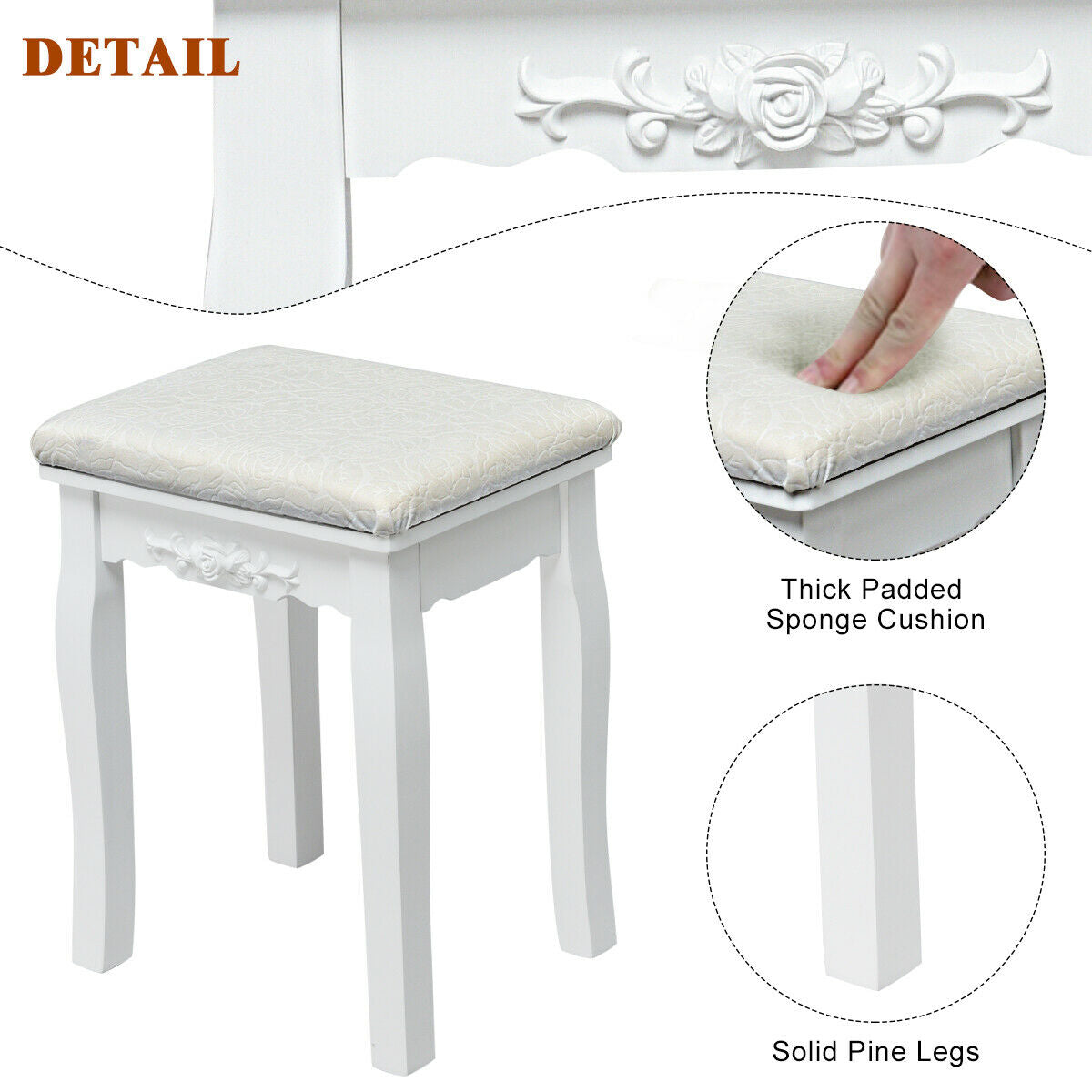 Makeup Vanity with Dimmable LED Lights, Storage Drawers, 360° Mirror and Stool – White