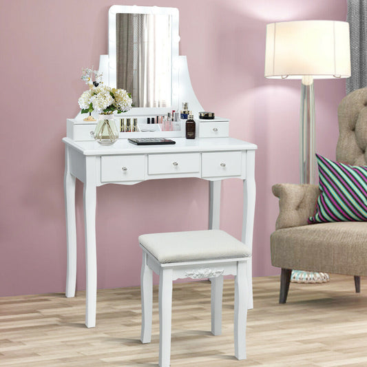 Makeup Vanity with Dimmable LED Lights, Storage Drawers, 360° Mirror and Stool – White
