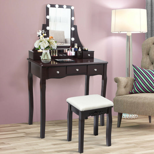Makeup Vanity with Dimmable LED Lights, Storage Drawers, 360° Mirror and Stool – Brown