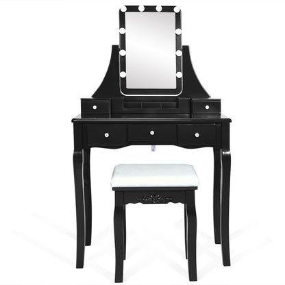 Makeup Vanity with Dimmable LED Lights, Storage Drawers, 360° Mirror and Stool – Black