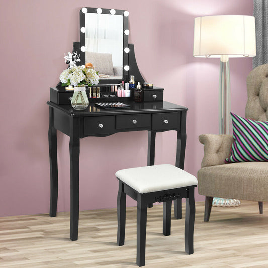 Makeup Vanity with Dimmable LED Lights, Storage Drawers, 360° Mirror and Stool – Black