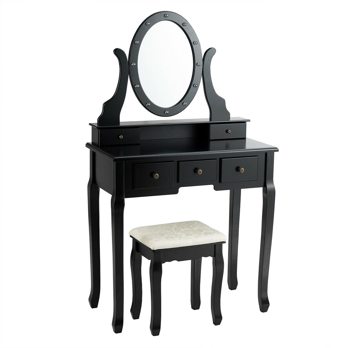 Vanity Table Set with 5 Drawers, Lighted Mirror with 12 LED Bulbs, and Cushioned Stool – Black