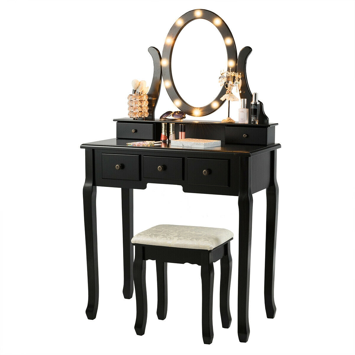 Vanity Table Set with 5 Drawers, Lighted Mirror with 12 LED Bulbs, and Cushioned Stool – Black