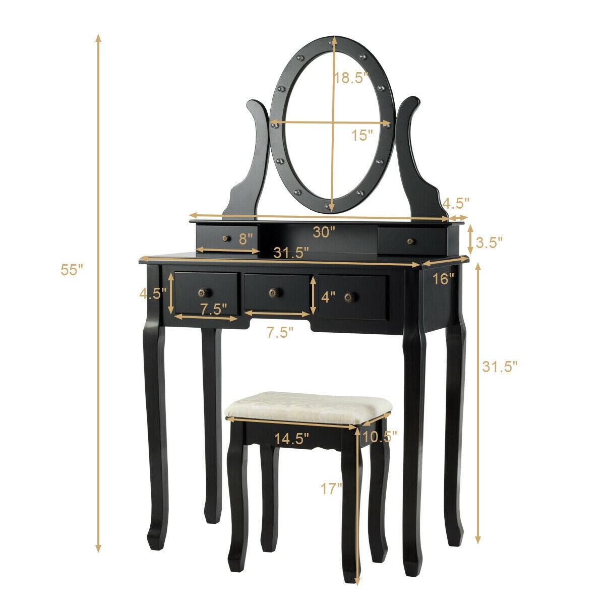 Vanity Table Set with 5 Drawers, Lighted Mirror with 12 LED Bulbs, and Cushioned Stool – Black