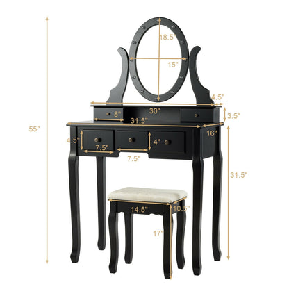 Vanity Table Set with 5 Drawers, Lighted Mirror with 12 LED Bulbs, and Cushioned Stool – Black
