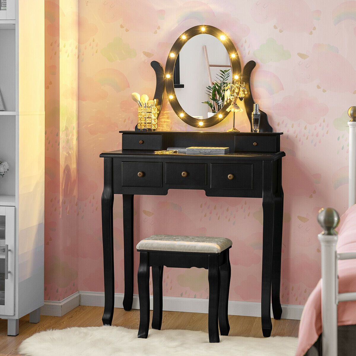 Vanity Table Set with 5 Drawers, Lighted Mirror with 12 LED Bulbs, and Cushioned Stool – Black