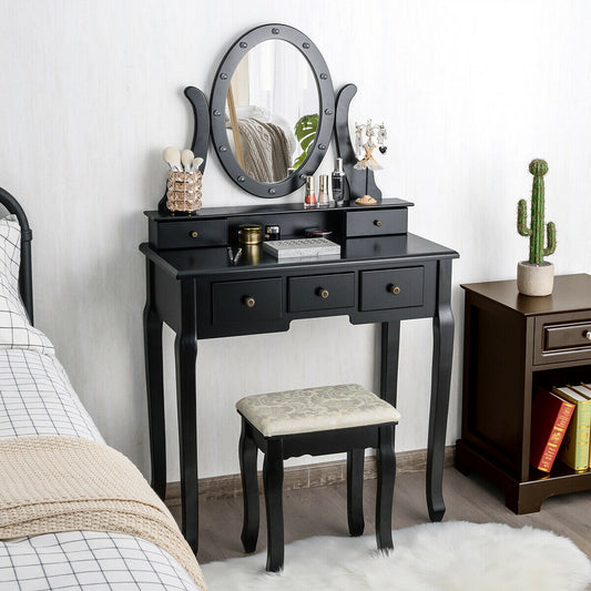 Vanity Table Set with 5 Drawers, Lighted Mirror with 12 LED Bulbs, and Cushioned Stool – Black