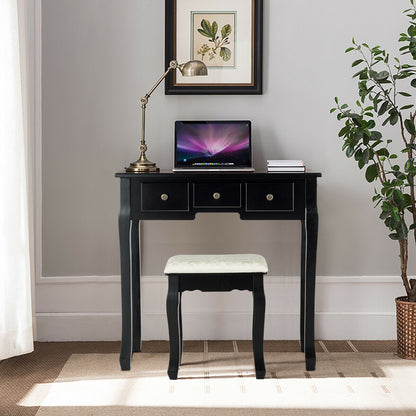 Vanity Table Set with 5 Drawers, Lighted Mirror with 12 LED Bulbs, and Cushioned Stool – Black