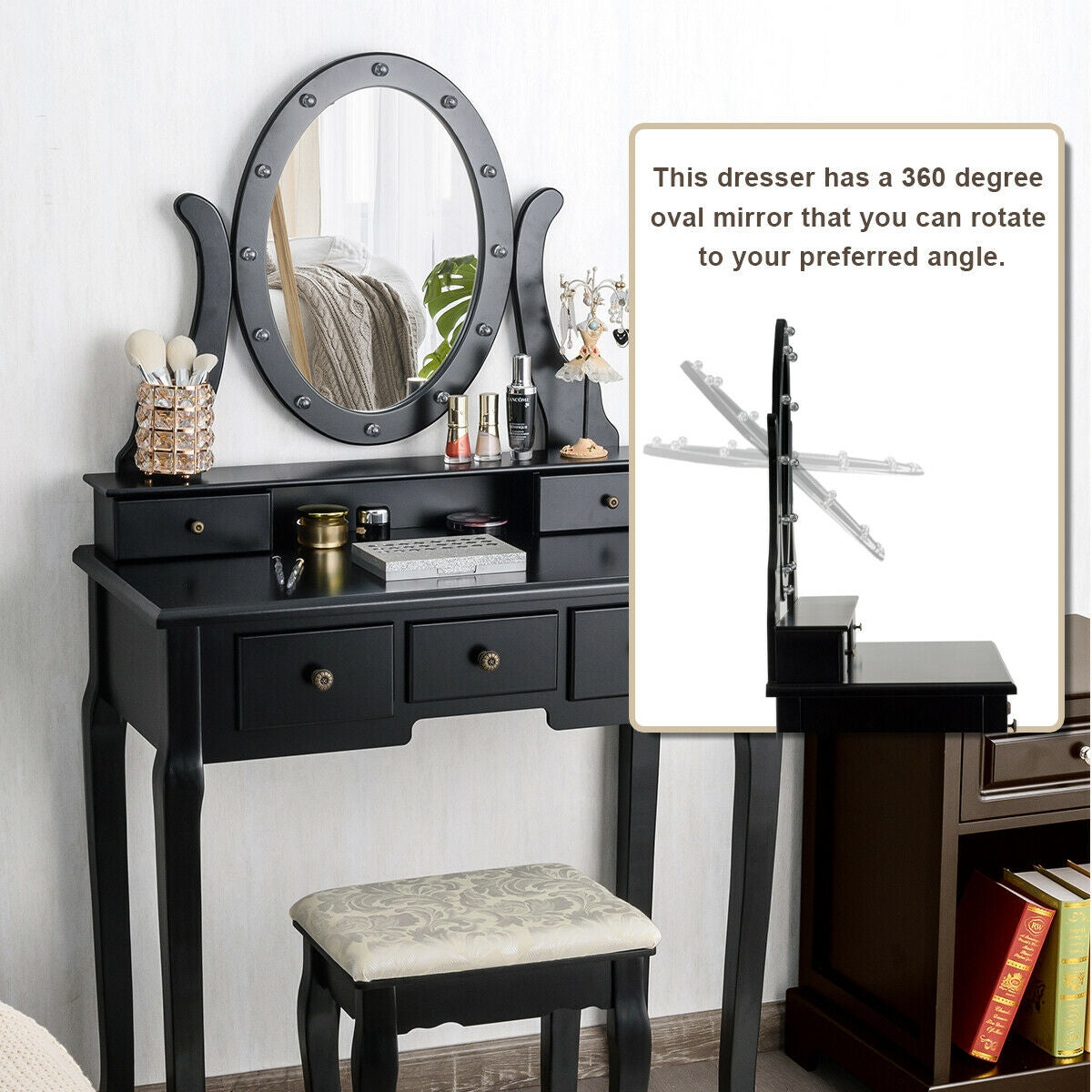 Vanity Table Set with 5 Drawers, Lighted Mirror with 12 LED Bulbs, and Cushioned Stool – Black