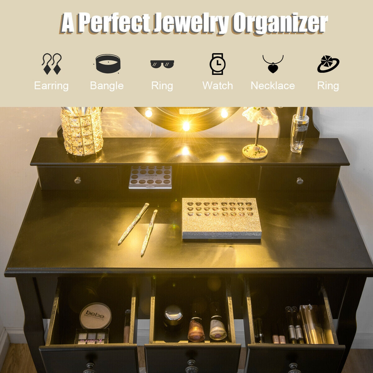 Vanity Table Set with 5 Drawers, Lighted Mirror with 12 LED Bulbs, and Cushioned Stool – Black