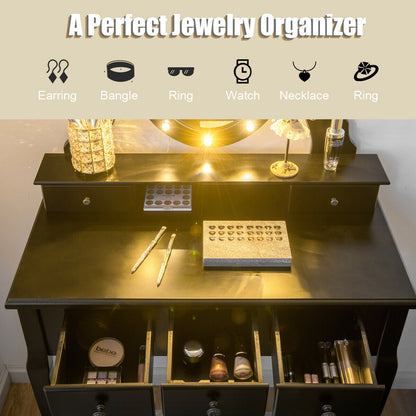 Vanity Table Set with 5 Drawers, Lighted Mirror with 12 LED Bulbs, and Cushioned Stool – Black
