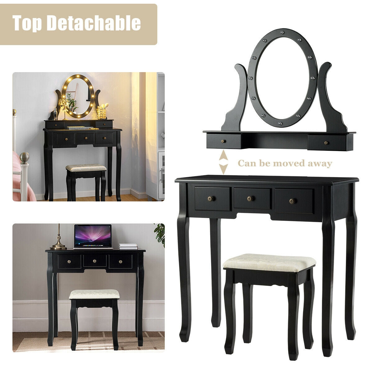 Vanity Table Set with 5 Drawers, Lighted Mirror with 12 LED Bulbs, and Cushioned Stool – Black