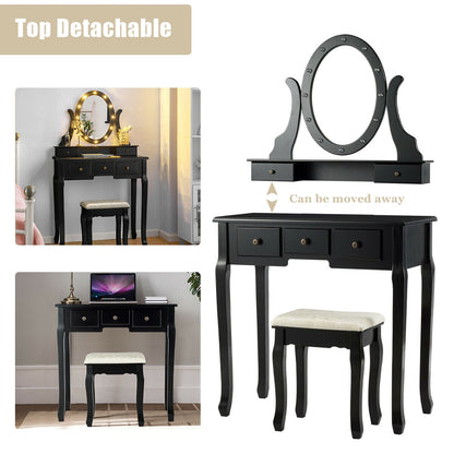 Vanity Table Set with 5 Drawers, Lighted Mirror with 12 LED Bulbs, and Cushioned Stool – Black