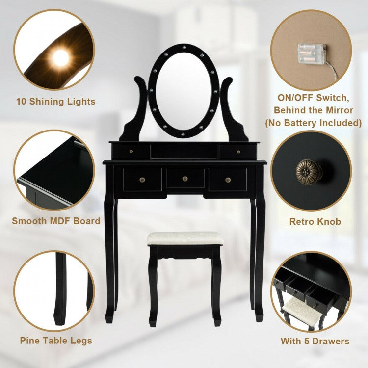 Vanity Table Set with 5 Drawers, Lighted Mirror with 12 LED Bulbs, and Cushioned Stool – Black