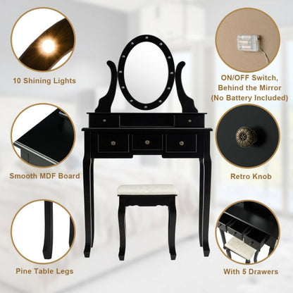 Vanity Table Set with 5 Drawers, Lighted Mirror with 12 LED Bulbs, and Cushioned Stool – Black