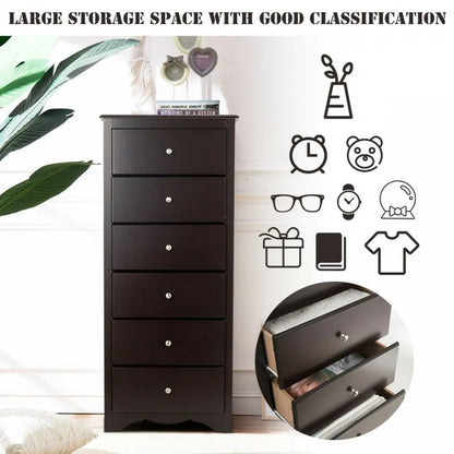 Modern 6 Drawer Bedroom Dresser Cabinet with Vertical Storage – Brown